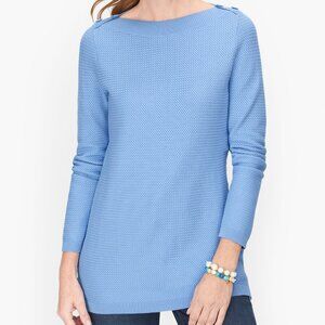 Talbots Basket Weave Knit Tunic Sweater L Bateau Boat Neck Anchor Buttons Blue